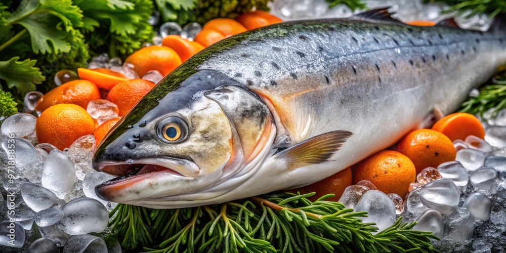 Freshly caught salmon head with gleaming scales and vibrant orange flesh, resting on a bed of ice, surrounded by lush green seaweed and oceanic debris. Freshly caught salmon head with gleaming scales and vibrant orange flesh, resting on a bed of ice, surrounded by lush green seaweed and oceanic debris.