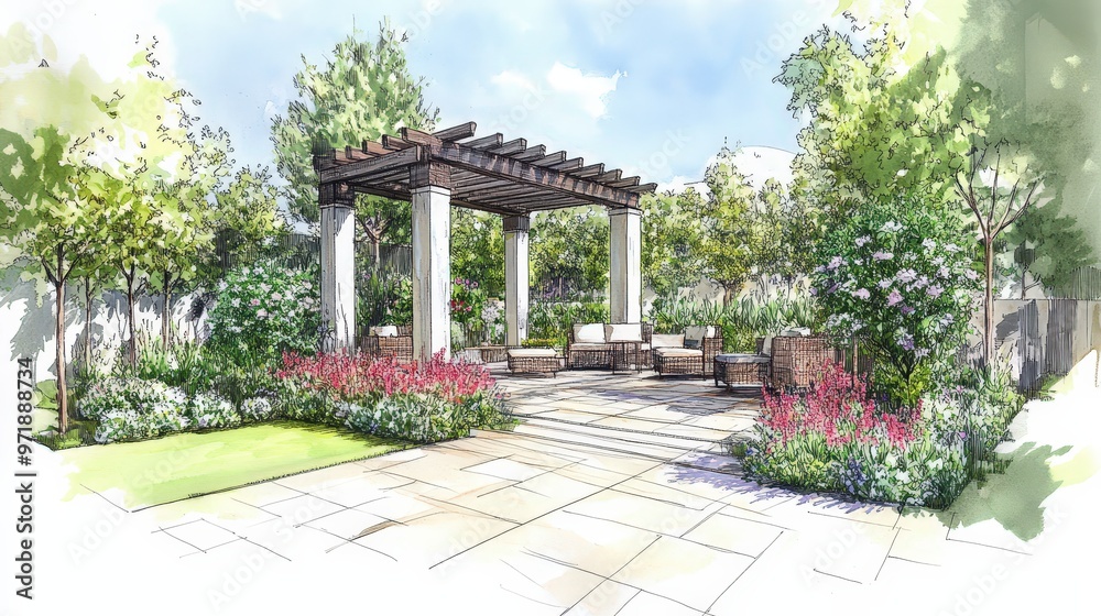 Elegant Architectural Drawing of Garden Setting with Pergolas, Seating Areas, and Lush Plant Arrangements Elegant Architectural Drawing of Garden Setting with Pergolas, Seating Areas, and Lush Plant Arrangements