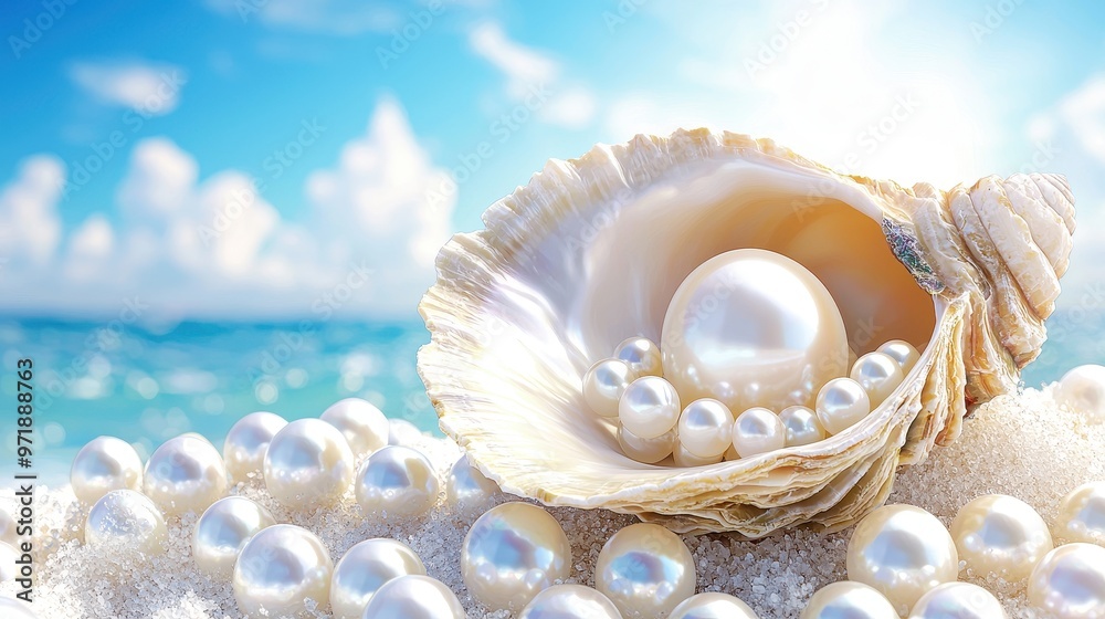 Seashell with Pearls on a Beach Seashell with Pearls on a Beach