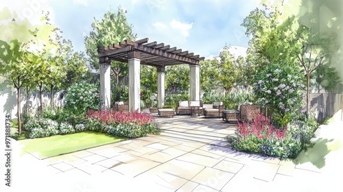 Elegant Architectural Drawing of Garden Setting with Pergolas, Seating Areas, and Lush Plant Arrangements