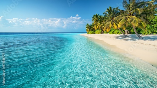 Maldives tropical islands panoramic scene with idyllic beach and palm tree vegetation clear water of the Indian ocean sea holiday vacation in tourist resort : Generative AI