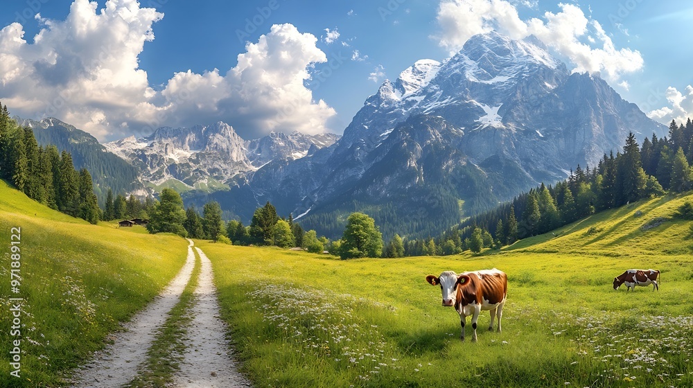 Fototapeta premium Wonderful summer landscape with ground road and cow grazing on fresh green mountain pastures and Watzmann mount in the Alps Incredible nature scenery Amazing panoramic image stunning b : Generative AI