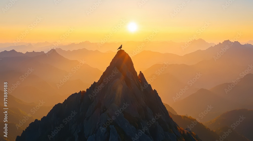 Bird Silhouette on Mountain Peak at Sunrise