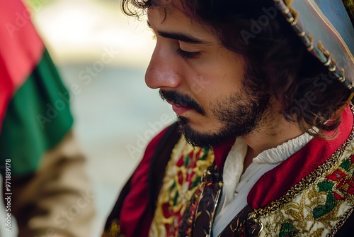 Detailed close-up of Portuguese men in traditional garments, showcasing their cultural heritage. photo