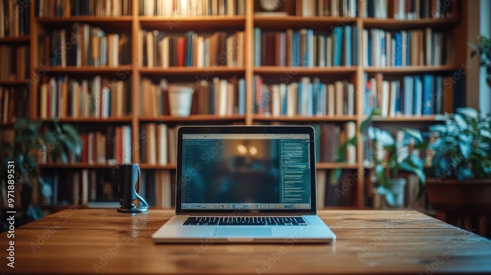 Laptop on a Desk with a Bookshelf in the Background Laptop on a Desk with a Bookshelf in the Background