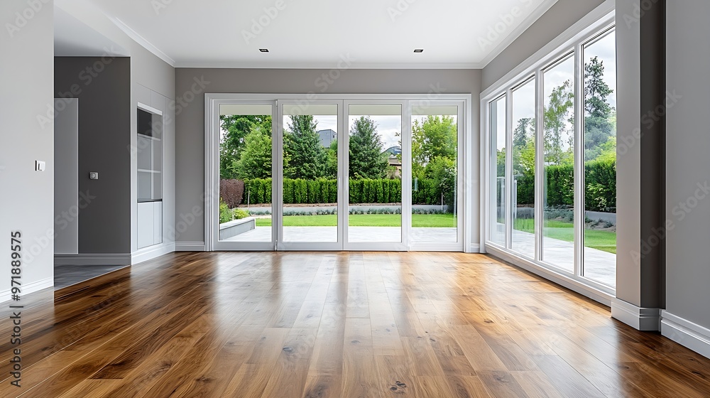 an empty living room with wood flooring and large sliding glass doors leading to the patio area in the house : Generative AI an empty living room with wood flooring and large sliding glass doors leading to the patio area in the house : Generative AI