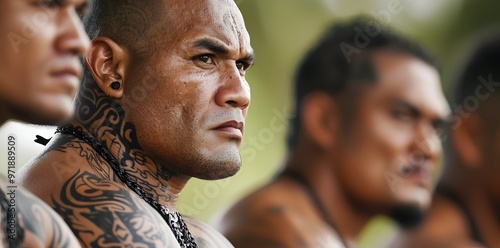 Group of Samoan men wearing traditional garments, showcasing their cultural heritage and customs.