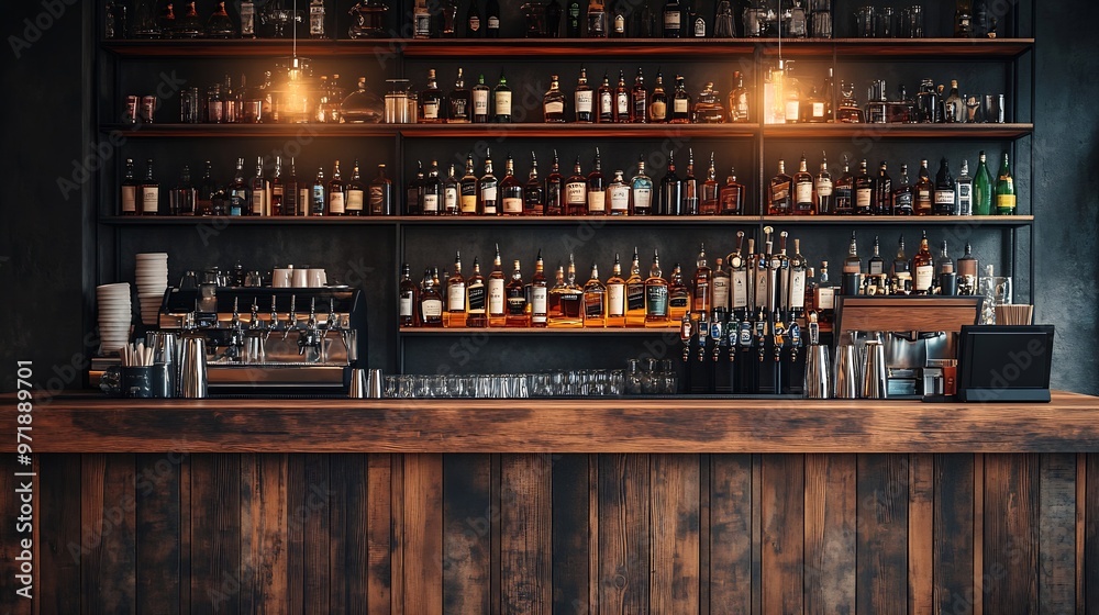 Open wooden bar counter with alcohol on shelves in modern cafe restaurant interior panorama copy space : Generative AI Open wooden bar counter with alcohol on shelves in modern cafe restaurant interior panorama copy space : Generative AI