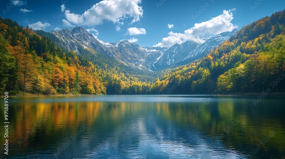 Obraz premium Lake Between Forests And Mountains : Generative AI