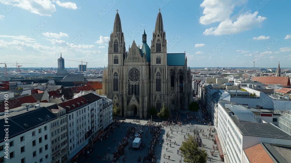 Naklejka premium Gothic cathedral towering above city buildings with tall spires. AI generated
