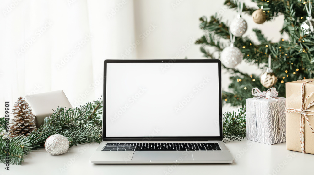 Fototapeta premium Laptop mockup. There is an open laptop with an empty white screen on the table next to the Christmas tree. The Christmas tree is decorated with garlands and Christmas balls