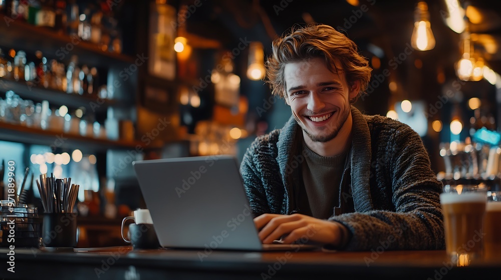 Smiling man surfing the net on laptop while drinking coffee in a bar : Generative AI Smiling man surfing the net on laptop while drinking coffee in a bar : Generative AI
