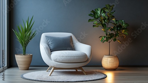 Armchair with pillow glowing lamp plant in pot ottoman and round carpet on floor on gray wall background in living room Ad blog about real estate and modern interiors simple scandinavi : Generative AI photo