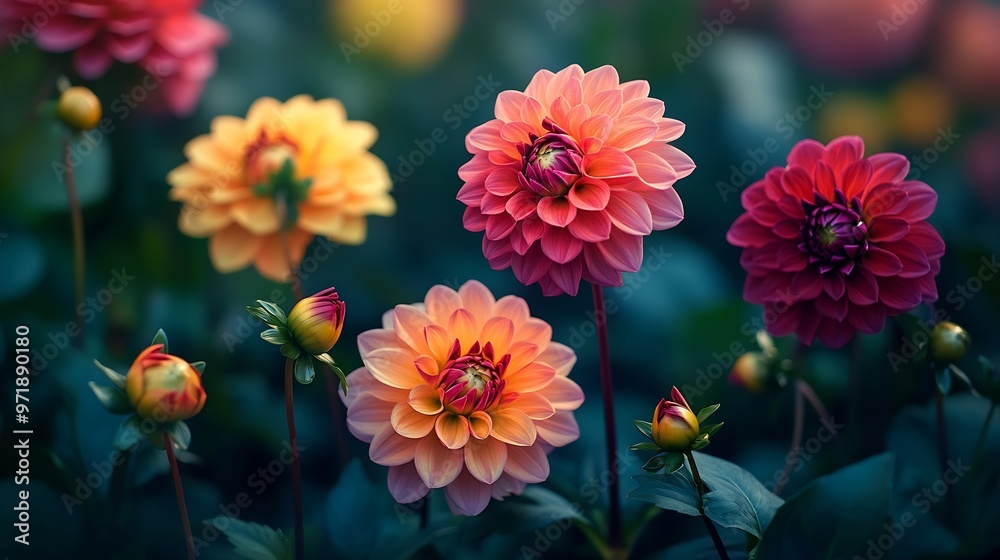 Various colours and shapes of dahlia flowers : Generative AI Various colours and shapes of dahlia flowers : Generative AI