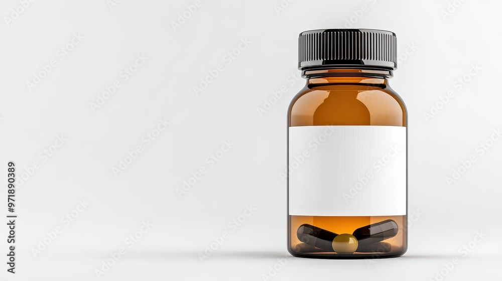 Amber Glass Bottle With Pills And Blank Label Amber Glass Bottle With Pills And Blank Label