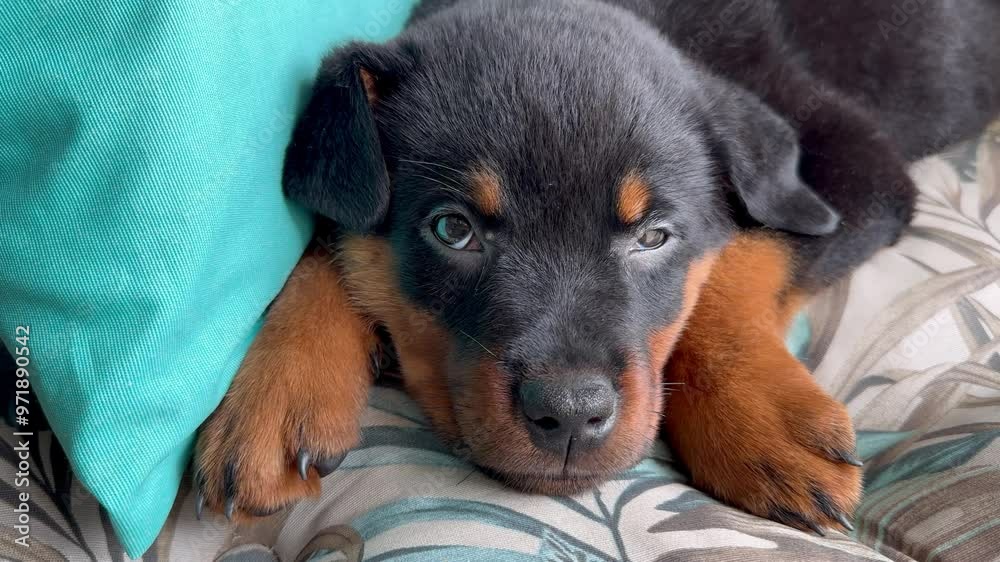 Cute rottweiler puppy resting on the sofa.