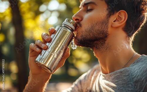 During Summer a sportif man in a park drinks water from a nice flask.