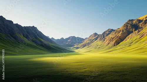 Enchanting Highland Valley with Lush Green Terrain and Golden Symmetrical Peaks