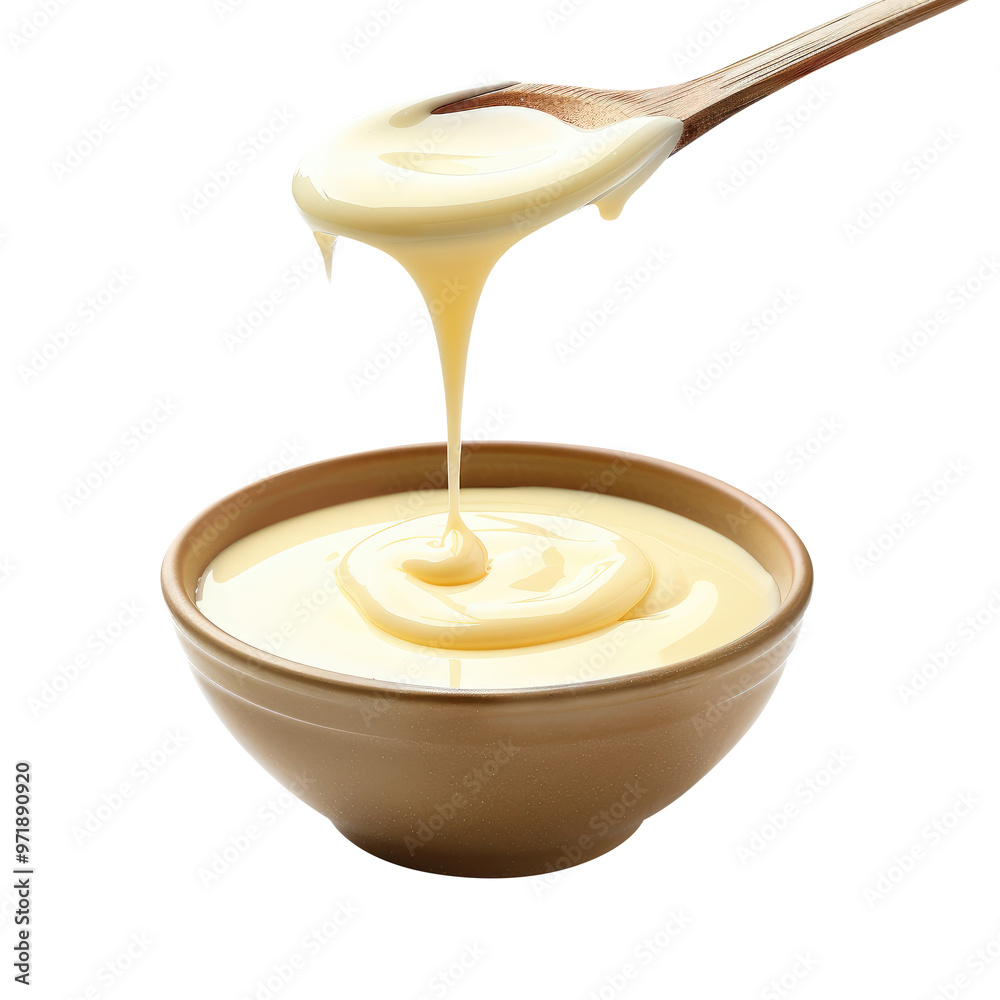 Sweet condensed milk flowing down from spoon into bowl isolated on transparent white background, clipping path Sweet condensed milk flowing down from spoon into bowl isolated on transparent white background, clipping path