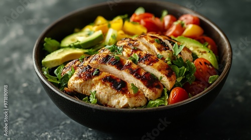 Top view of a grilled chicken and avocado salad bowl with vegetables served on a textured surface : Generative AI