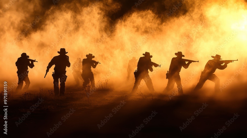 Silhouettes of Cowboys with Rifles in a Smoky Setting Silhouettes of Cowboys with Rifles in a Smoky Setting