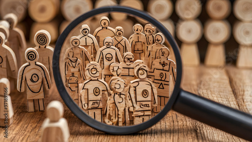 Magnifying Glass Focus on Target Icon with Human-Shaped Wooden Figures Representing Customer Focus Groups, Customer Service, Data Exchange Development, and Comprehensive Customer Relationship Manageme photo