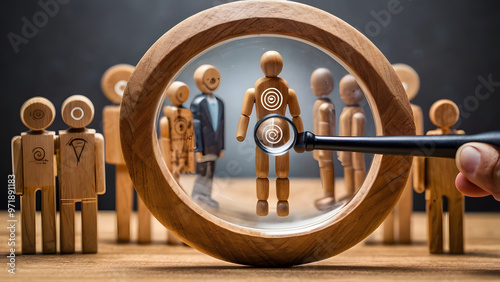 Magnifying Glass Focus on Target Icon with Human-Shaped Wooden Figures Representing Customer Focus Groups, Customer Service, Data Exchange Development, and Comprehensive Customer Relationship Manageme photo