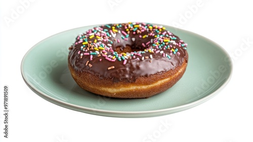 A chocolate donut topped with sprinkles, resting on a pale green plate, isolated against white.