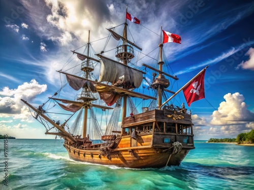 Historic sailing ship navigates through treacherous Caribbean waters, crewed by swashbuckling buccaneers in 17th-century attire, surrounded by treasure chests and fluttering Jolly Roger flags. photo