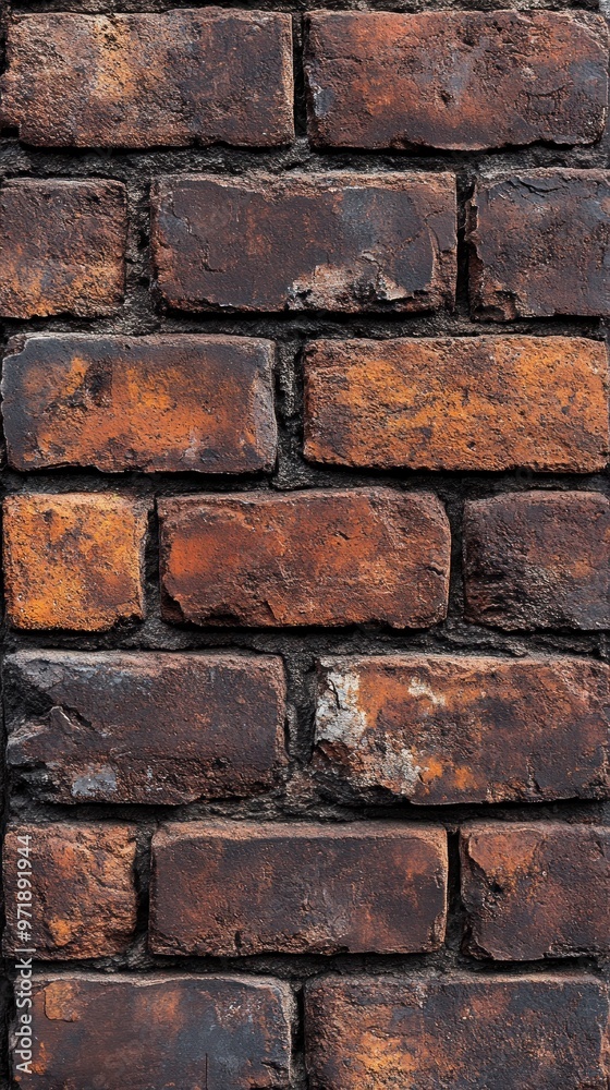 Close-up of an old brick wall with various shades of brown and black
