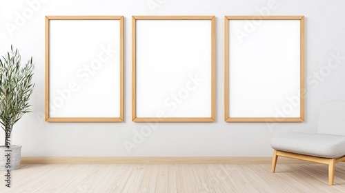 Blank Wall Mockup with Three Frames and Wooden Floor