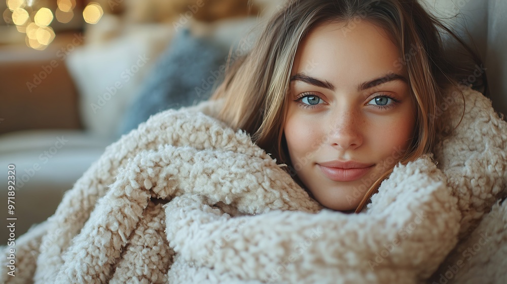 Blanket happy and portrait of woman on sofa for relaxing resting and comfortable in morning Apartment home and person with warmth for winter cold season and cozy in living room on week : Generative AI Blanket happy and portrait of woman on sofa for relaxing resting and comfortable in morning Apartment home and person with warmth for winter cold season and cozy in living room on week : Generative AI