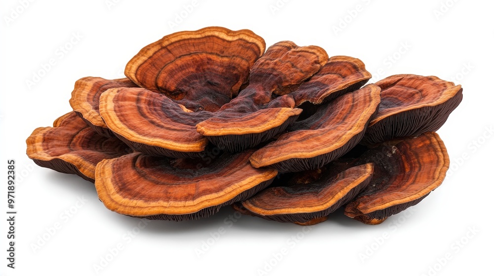 Vibrant Reishi Mushroom Fungus on White Background - Organic Botanical Beauty Close-up for Design Inspiration and Nature Concepts Vibrant Reishi Mushroom Fungus on White Background - Organic Botanical Beauty Close-up for Design Inspiration and Nature Concepts