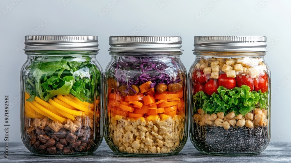 Healthy Mason Jar Salads with Various Toppings