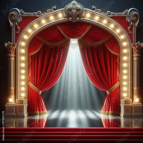 Red theater stage curtain with arch entrance