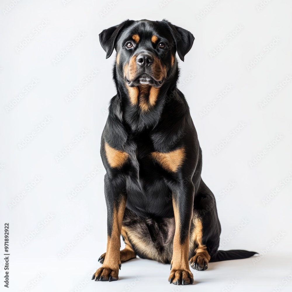 A Rottweiler sitting gracefully against a plain background. A Rottweiler sitting gracefully against a plain background.