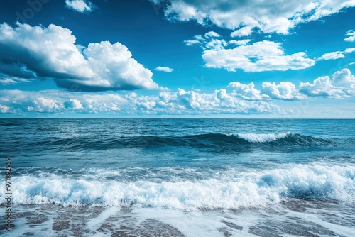 Beautiful nature view bright blue sky with white clouds background and soft oceans waves with a deep blue color on the sea , ai