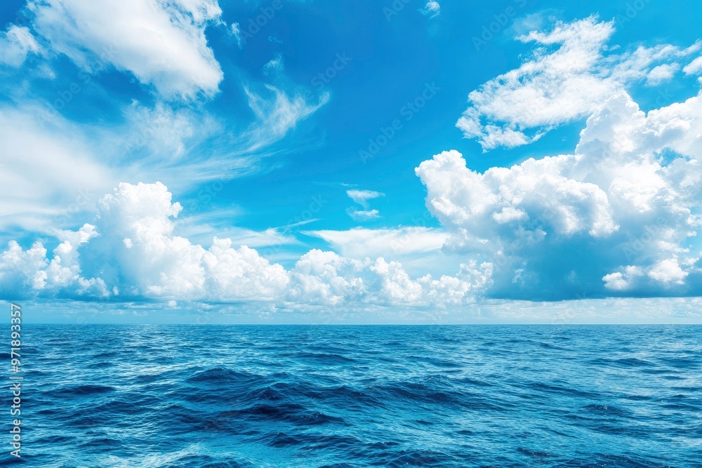 Beautiful nature view bright blue sky with white clouds background and soft oceans waves with a deep blue color on the sea , ai Beautiful nature view bright blue sky with white clouds background and soft oceans waves with a deep blue color on the sea , ai