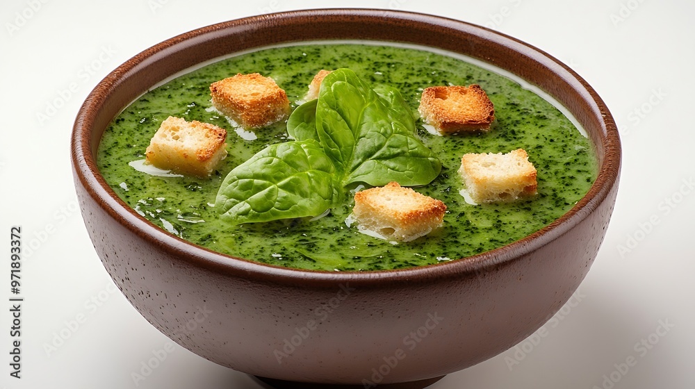 Delicious spinach cream soup with leaves and croutons in bowl isolated on white : Generative AI Delicious spinach cream soup with leaves and croutons in bowl isolated on white : Generative AI