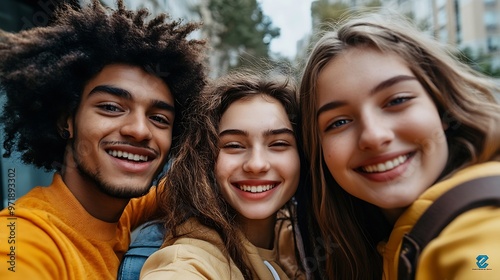 Vibrant young people taking a selfie together outdoors Happy youngsters enjoying hanging out together in the city Group of generation z friends capturing their happy moments : Generative AI