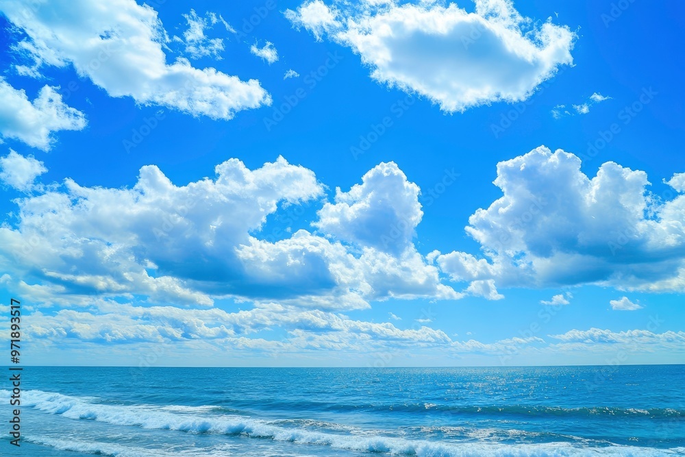 Beautiful nature view bright blue sky with white clouds background and soft oceans waves with a deep blue color on the sea , ai Beautiful nature view bright blue sky with white clouds background and soft oceans waves with a deep blue color on the sea , ai
