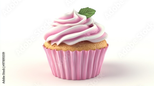 Cute 3D cartoon cupcake with pink and white swirled frosting, topped with a mint leaf, on a white background.