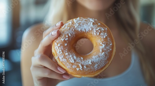 Dieting or good health concept Young woman rejecting junk food or unhealthy food such donut because concern about health sickness and body weight Young woman self care food control die : Generative AI photo