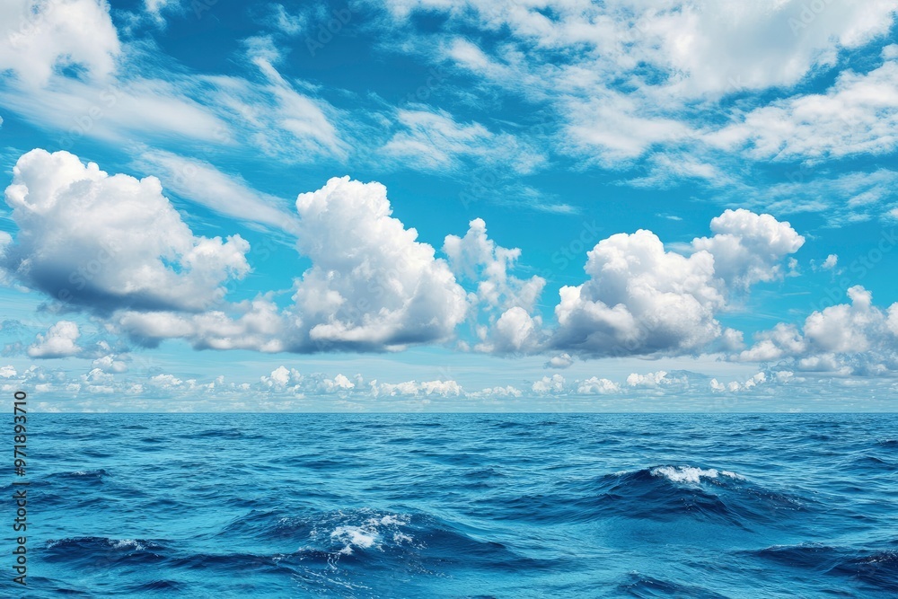 Beautiful nature view bright blue sky with white clouds background and soft oceans waves with a deep blue color on the sea , ai Beautiful nature view bright blue sky with white clouds background and soft oceans waves with a deep blue color on the sea , ai