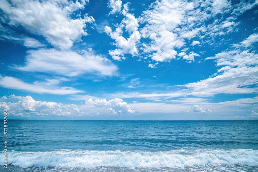 Fototapeta premium Beautiful nature view bright blue sky with white clouds background and soft oceans waves with a deep blue color on the sea , ai