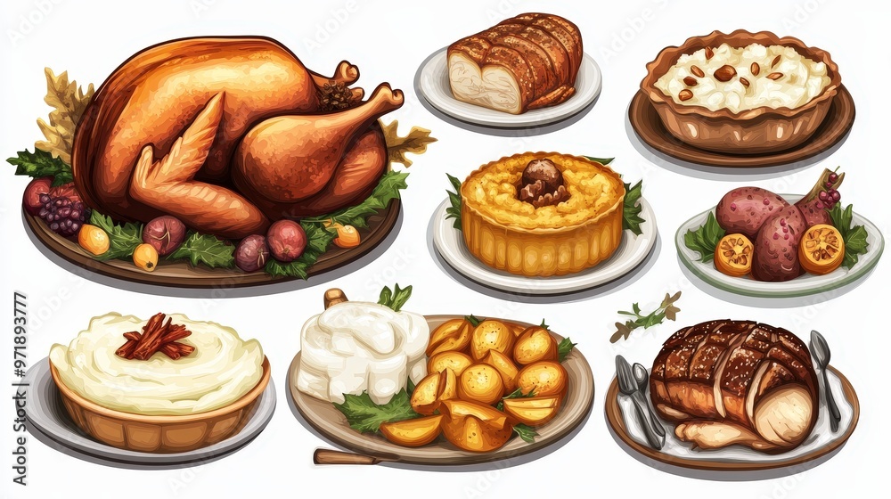 Festive Thanksgiving Dinner PNG Cut-Out Set with Roast Turkey, Mashed Potatoes, and Pumpkin Pie on Transparent Background for Creative Projects Festive Thanksgiving Dinner PNG Cut-Out Set with Roast Turkey, Mashed Potatoes, and Pumpkin Pie on Transparent Background for Creative Projects