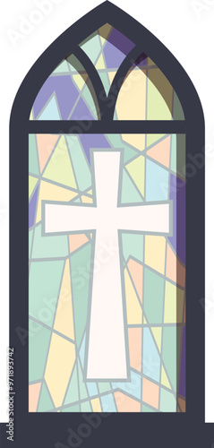 Colorful gothic arch stained glass window is showing a white christian cross symbol, perfect for religious themes