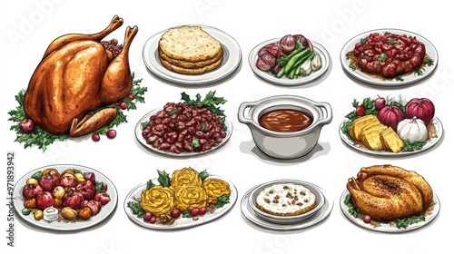 Festive Thanksgiving Dinner PNG Cut-Out Set - Turkey, Gravy, Sides for Creative Projects