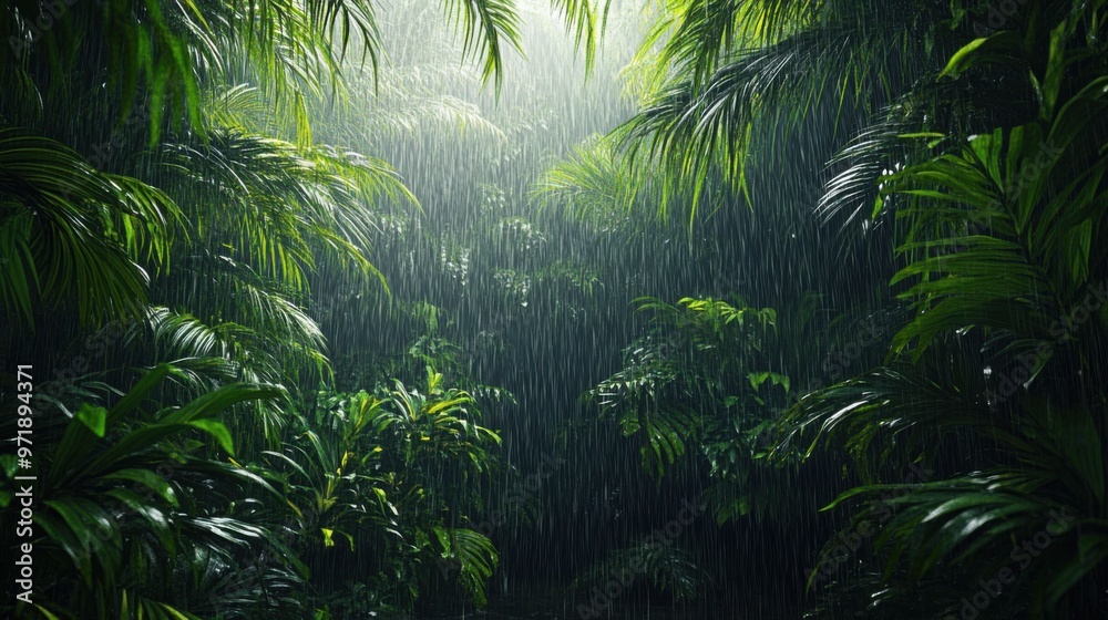 A lush green jungle with rain pouring down on it A lush green jungle with rain pouring down on it
