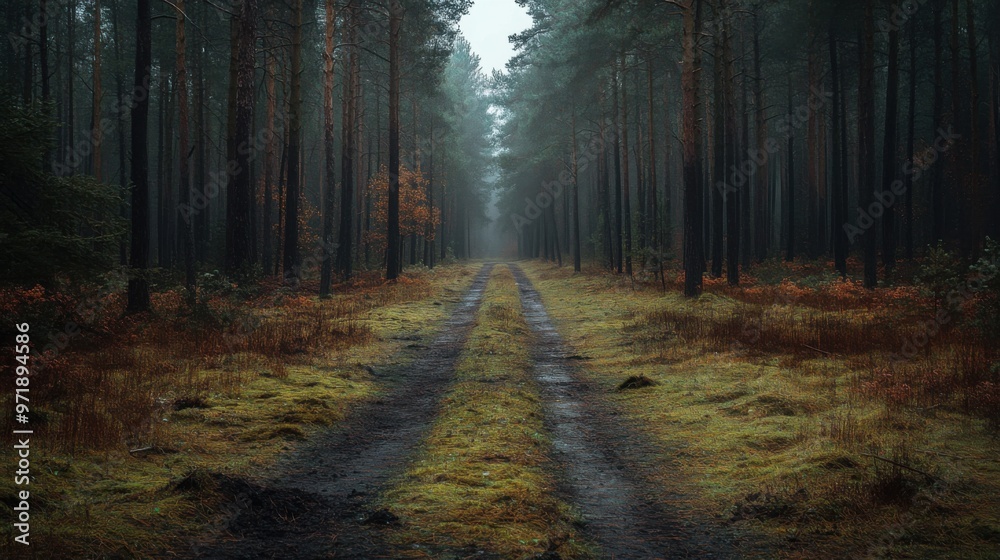 Naklejka premium A forest path with a road in the middle